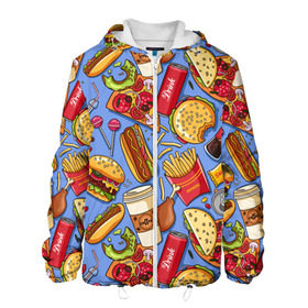 Мужская куртка 3D с принтом Fastfood , ткань верха — 100% полиэстер, подклад — флис | прямой крой, подол и капюшон оформлены резинкой с фиксаторами, два кармана без застежек по бокам, один большой потайной карман на груди. Карман на груди застегивается на липучку | chicken | coffee | cola | drink | dunts | eat | fastfood | frenchfires | hotdog | lollypop | pizza | sweets | бургер | еда | кола | кофе | лимонад | напитки | пицца | пончик | фастфуд | хотдог