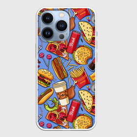 Чехол для iPhone 13 Pro с принтом Fastfood ,  |  | chicken | coffee | cola | drink | dunts | eat | fastfood | frenchfires | hotdog | lollypop | pizza | sweets | бургер | еда | кола | кофе | лимонад | напитки | пицца | пончик | фастфуд | хотдог