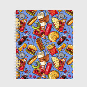 Тетрадь с принтом Fastfood , 100% бумага | 48 листов, плотность листов — 60 г/м2, плотность картонной обложки — 250 г/м2. Листы скреплены сбоку удобной пружинной спиралью. Уголки страниц и обложки скругленные. Цвет линий — светло-серый
 | chicken | coffee | cola | drink | dunts | eat | fastfood | frenchfires | hotdog | lollypop | pizza | sweets | бургер | еда | кола | кофе | лимонад | напитки | пицца | пончик | фастфуд | хотдог