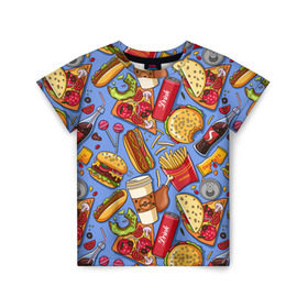 Детская футболка 3D с принтом Fastfood , 100% гипоаллергенный полиэфир | прямой крой, круглый вырез горловины, длина до линии бедер, чуть спущенное плечо, ткань немного тянется | Тематика изображения на принте: chicken | coffee | cola | drink | dunts | eat | fastfood | frenchfires | hotdog | lollypop | pizza | sweets | бургер | еда | кола | кофе | лимонад | напитки | пицца | пончик | фастфуд | хотдог