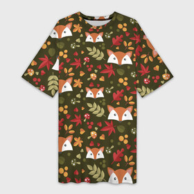 Платье-футболка 3D с принтом Лисоньки в лесу ,  |  | лиса | лисичка | лисоньки | лисы | паттерн