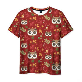 Мужская футболка 3D с принтом Совушки в лесу , 100% полиэфир | прямой крой, круглый вырез горловины, длина до линии бедер | owl | в лесу | глаза | красный | лес | сова | совушки | совы | хищник
