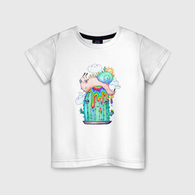 Детская футболка хлопок с принтом Радужная улитка на кактусе , 100% хлопок | круглый вырез горловины, полуприлегающий силуэт, длина до линии бедер | весна | кактус | кислотный | лето | милота | милый | мультяшный | насекомые | облака | природа | радуга | растения | солнце