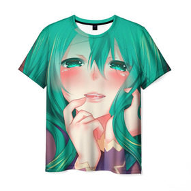 Мужская футболка 3D с принтом Miku Ahegao , 100% полиэфир | прямой крой, круглый вырез горловины, длина до линии бедер | вокалоид | зеленоволосая девушка | мику ахегао | хатсуне мику