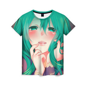 Женская футболка 3D с принтом Miku Ahegao , 100% полиэфир ( синтетическое хлопкоподобное полотно) | прямой крой, круглый вырез горловины, длина до линии бедер | вокалоид | зеленоволосая девушка | мику ахегао | хатсуне мику