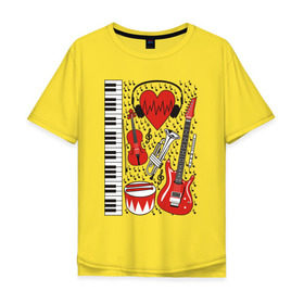 Мужская футболка хлопок Oversize с принтом Музыкальное сердце , 100% хлопок | свободный крой, круглый ворот, “спинка” длиннее передней части | Тематика изображения на принте: ансамбль | гитара | клавиши | музыка | музыкальные инструменты | ноты | скрипка | три цвета | труба | флейта | фортепиано