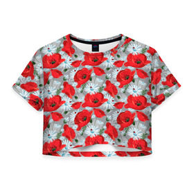 Женская футболка 3D укороченная с принтом Маки , 100% полиэстер | круглая горловина, длина футболки до линии талии, рукава с отворотами | маки | цветы