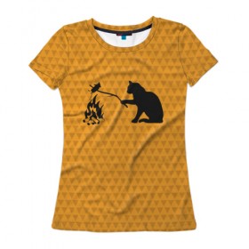 Женская футболка 3D с принтом Кот жарит , 100% полиэфир ( синтетическое хлопкоподобное полотно) | прямой крой, круглый вырез горловины, длина до линии бедер | еда | костер | кот | кошка | мышь
