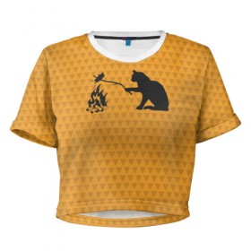Женская футболка Cropp-top с принтом Кот жарит , 100% полиэстер | круглая горловина, длина футболки до линии талии, рукава с отворотами | еда | костер | кот | кошка | мышь