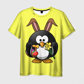 Мужская футболка 3D с принтом Пасхальный пингвин , 100% полиэфир | прямой крой, круглый вырез горловины, длина до линии бедер | Тематика изображения на принте: весна | кролик | пасха | пингвин | праздники | яйцо