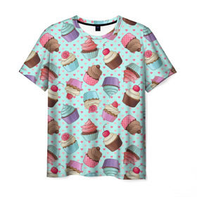 Мужская футболка 3D с принтом Милые кексики , 100% полиэфир | прямой крой, круглый вырез горловины, длина до линии бедер | Тематика изображения на принте: cupcake | deliciouse | lollipop | strawberry | sweets | yummy | вкусняшки | еда | капкейк | капкейки | клубника | конфета | леденец | сладости | черника