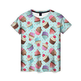 Женская футболка 3D с принтом Милые кексики , 100% полиэфир ( синтетическое хлопкоподобное полотно) | прямой крой, круглый вырез горловины, длина до линии бедер | cupcake | deliciouse | lollipop | strawberry | sweets | yummy | вкусняшки | еда | капкейк | капкейки | клубника | конфета | леденец | сладости | черника