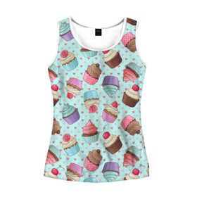 Женская майка 3D с принтом Милые кексики , 100% полиэстер | круглая горловина, прямой силуэт, длина до линии бедра | cupcake | deliciouse | lollipop | strawberry | sweets | yummy | вкусняшки | еда | капкейк | капкейки | клубника | конфета | леденец | сладости | черника