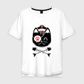 Мужская футболка хлопок Oversize с принтом кот пират , 100% хлопок | свободный крой, круглый ворот, “спинка” длиннее передней части | кот | пират | рыбка | скелет