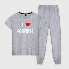 Женская пижама хлопок с принтом I love Fortnite , 100% хлопок | брюки и футболка прямого кроя, без карманов, на брюках мягкая резинка на поясе и по низу штанин | 