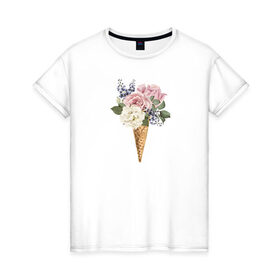 Женская футболка хлопок с принтом Цветочное мороженое , 100% хлопок | прямой крой, круглый вырез горловины, длина до линии бедер, слегка спущенное плечо | Тематика изображения на принте: 
