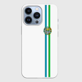 Чехол для iPhone 13 Pro с принтом Узбекистан, лента с гербом ,  |  | Тематика изображения на принте: uz | uzb | герб | государство | знак | надпись | патриот | полосы | республика | самарканд | символ | снг | страна | ташкент | узбек | узбекистан | узбекистанец | узбекистанка | флаг | флага | цвета