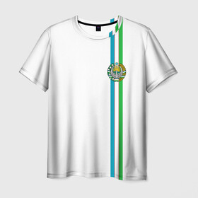 Мужская футболка 3D с принтом Узбекистан, лента с гербом , 100% полиэфир | прямой крой, круглый вырез горловины, длина до линии бедер | uz | uzb | герб | государство | знак | надпись | патриот | полосы | республика | самарканд | символ | снг | страна | ташкент | узбек | узбекистан | узбекистанец | узбекистанка | флаг | флага | цвета