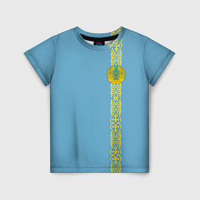 Детская футболка 3D с принтом Казахстан, лента с гербом , 100% гипоаллергенный полиэфир | прямой крой, круглый вырез горловины, длина до линии бедер, чуть спущенное плечо, ткань немного тянется | Тематика изображения на принте: kaz | kazakhstan | kz | герб | казахстан | орнамент | флаг