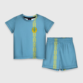 Детский костюм с шортами 3D с принтом Казахстан, лента с гербом ,  |  | Тематика изображения на принте: kaz | kazakhstan | kz | герб | казахстан | орнамент | флаг