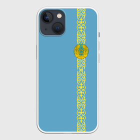 Чехол для iPhone 13 с принтом Казахстан, лента с гербом ,  |  | Тематика изображения на принте: kaz | kazakhstan | kz | герб | казахстан | орнамент | флаг