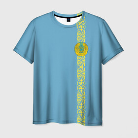 Мужская футболка 3D с принтом Казахстан, лента с гербом , 100% полиэфир | прямой крой, круглый вырез горловины, длина до линии бедер | Тематика изображения на принте: kaz | kazakhstan | kz | герб | казахстан | орнамент | флаг