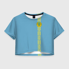 Женская футболка Cropp-top с принтом Казахстан, лента с гербом , 100% полиэстер | круглая горловина, длина футболки до линии талии, рукава с отворотами | kaz | kazakhstan | kz | герб | казахстан | орнамент | флаг