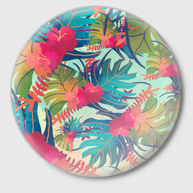 Значок с принтом Тропический ,  металл | круглая форма, металлическая застежка в виде булавки | Тематика изображения на принте: весна | джунгли | для весны | для лета | лес | лето | листья | текстура | тропики | цветы