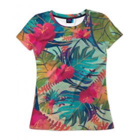 Женская футболка 3D с принтом Тропический , 100% полиэфир ( синтетическое хлопкоподобное полотно) | прямой крой, круглый вырез горловины, длина до линии бедер | весна | джунгли | для весны | для лета | лес | лето | листья | текстура | тропики | цветы