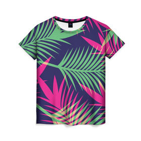 Женская футболка 3D с принтом Листья Пальмы , 100% полиэфир ( синтетическое хлопкоподобное полотно) | прямой крой, круглый вырез горловины, длина до линии бедер | весна | джунгли | для весны | для лета | лес | лето | листья | текстура | тропики | тропический | цветы