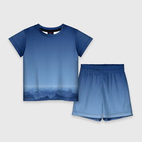Детский костюм с шортами 3D с принтом Blue Mountains ,  |  | вид | горы | ночь | пейзаж | природа | синий | скалы | сумерки | туман | утро