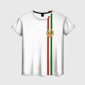 Женская футболка 3D с принтом Таджикистан, лента с гербом , 100% полиэфир ( синтетическое хлопкоподобное полотно) | прямой крой, круглый вырез горловины, длина до линии бедер | tj | tjk | азия | герб | государство | душанбе | знак | надпись | патриот | полосы | республика | символ | снг | страна | таджик | таджики | таджикистан | таджичка | флаг | флага | худжанд | цвета