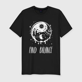 Мужская футболка премиум с принтом Find balance , 92% хлопок, 8% лайкра | приталенный силуэт, круглый вырез ворота, длина до линии бедра, короткий рукав | Тематика изображения на принте: balance | moon | nature | positive | stars | sun | vibes | баланс | гармония | звезды | инь | луна | небо | природа | символ | солнце | ян