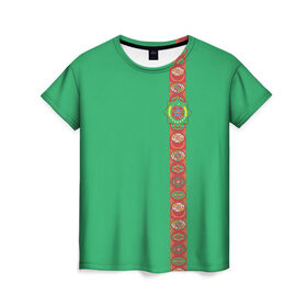 Женская футболка 3D с принтом Туркменистан, лента с гербом , 100% полиэфир ( синтетическое хлопкоподобное полотно) | прямой крой, круглый вырез горловины, длина до линии бедер | tkm | tm | trkmenistan | азия | ашхабад | герб | государство | знак | надпись | патриот | полосы | республика | символ | снг | страна | туркмен | туркменистан | туркмения | флаг | флага | цвета