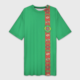Платье-футболка 3D с принтом Туркменистан, лента с гербом ,  |  | Тематика изображения на принте: tkm | tm | trkmenistan | азия | ашхабад | герб | государство | знак | надпись | патриот | полосы | республика | символ | снг | страна | туркмен | туркменистан | туркмения | флаг | флага | цвета