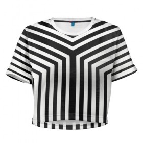 Женская футболка 3D укороченная с принтом Кибер Зебра , 100% полиэстер | круглая горловина, длина футболки до линии талии, рукава с отворотами | black and white stripes | geometry | vest | zebra | геометрия | зебра | тельняшка | черно белая полоска