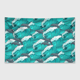 Флаг-баннер с принтом Дельфины , 100% полиэстер | размер 67 х 109 см, плотность ткани — 95 г/м2; по краям флага есть четыре люверса для крепления | dolphins | fish | ocean | pattern | sea | summer | waves | волны | дельфины | лето | море | океан | паттерн | рыбы