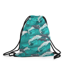 Рюкзак-мешок 3D с принтом Дельфины , 100% полиэстер | плотность ткани — 200 г/м2, размер — 35 х 45 см; лямки — толстые шнурки, застежка на шнуровке, без карманов и подкладки | dolphins | fish | ocean | pattern | sea | summer | waves | волны | дельфины | лето | море | океан | паттерн | рыбы