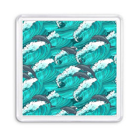 Магнит 55*55 с принтом Дельфины , Пластик | Размер: 65*65 мм; Размер печати: 55*55 мм | dolphins | fish | ocean | pattern | sea | summer | waves | волны | дельфины | лето | море | океан | паттерн | рыбы