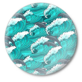 Значок с принтом Дельфины ,  металл | круглая форма, металлическая застежка в виде булавки | dolphins | fish | ocean | pattern | sea | summer | waves | волны | дельфины | лето | море | океан | паттерн | рыбы