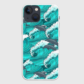 Чехол для iPhone 13 mini с принтом Дельфины ,  |  | dolphins | fish | ocean | pattern | sea | summer | waves | волны | дельфины | лето | море | океан | паттерн | рыбы