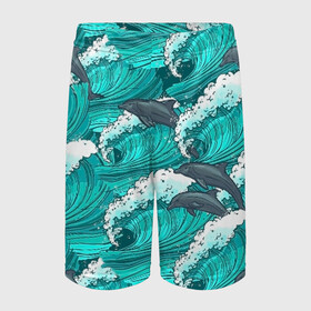 Детские спортивные шорты 3D с принтом Дельфины ,  100% полиэстер
 | пояс оформлен широкой мягкой резинкой, ткань тянется
 | Тематика изображения на принте: dolphins | fish | ocean | pattern | sea | summer | waves | волны | дельфины | лето | море | океан | паттерн | рыбы