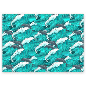 Поздравительная открытка с принтом Дельфины , 100% бумага | плотность бумаги 280 г/м2, матовая, на обратной стороне линовка и место для марки
 | Тематика изображения на принте: dolphins | fish | ocean | pattern | sea | summer | waves | волны | дельфины | лето | море | океан | паттерн | рыбы