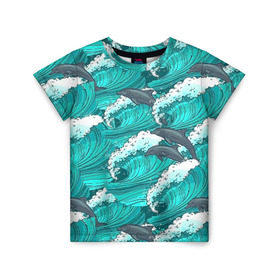 Детская футболка 3D с принтом Дельфины , 100% гипоаллергенный полиэфир | прямой крой, круглый вырез горловины, длина до линии бедер, чуть спущенное плечо, ткань немного тянется | dolphins | fish | ocean | pattern | sea | summer | waves | волны | дельфины | лето | море | океан | паттерн | рыбы