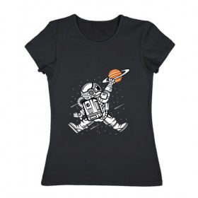 Женская футболка хлопок с принтом Космонавт , 100% хлопок | прямой крой, круглый вырез горловины, длина до линии бедер, слегка спущенное плечо | Тематика изображения на принте: астронавт | в космосе | в прыжке | космонавт | космос | мороженное | планета | планеты | пространство | с космосом | юпитер