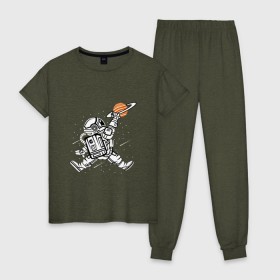 Женская пижама хлопок с принтом Космонавт , 100% хлопок | брюки и футболка прямого кроя, без карманов, на брюках мягкая резинка на поясе и по низу штанин | астронавт | в космосе | в прыжке | космонавт | космос | мороженное | планета | планеты | пространство | с космосом | юпитер