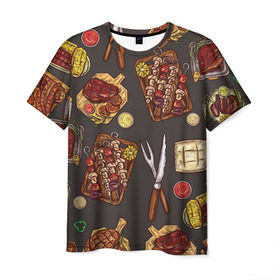 Мужская футболка 3D с принтом Вкуснятина , 100% полиэфир | прямой крой, круглый вырез горловины, длина до линии бедер | барбекю | еда | кулинария | мясо | повар | стейк | шашлык