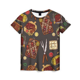 Женская футболка 3D с принтом Вкуснятина , 100% полиэфир ( синтетическое хлопкоподобное полотно) | прямой крой, круглый вырез горловины, длина до линии бедер | барбекю | еда | кулинария | мясо | повар | стейк | шашлык
