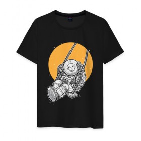 Мужская футболка хлопок с принтом Космонавт на фоне Луны , 100% хлопок | прямой крой, круглый вырез горловины, длина до линии бедер, слегка спущенное плечо. | 