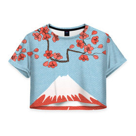 Женская футболка 3D укороченная с принтом Гора Фудзияма , 100% полиэстер | круглая горловина, длина футболки до линии талии, рукава с отворотами | белый | вершина | вишня | зима | красный | сакура | синий | снег | япония